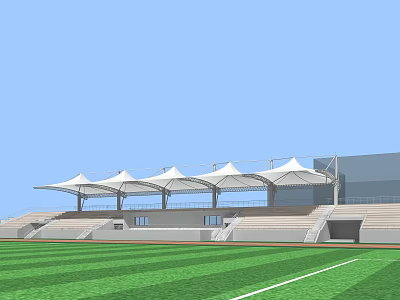 Football Field With Green Striped Grass Terraced Stands And White Canopy Structures Under Blue Sky 3d model