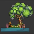 Treehouse Structure With Lush Green Leaves Red Cottage Wooden Ladder On Tree Trunk And Water Platform