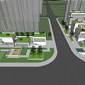 Modern Sales Office Building in Urban Setting with High Rise Residences Road Vehicles and Greenery
