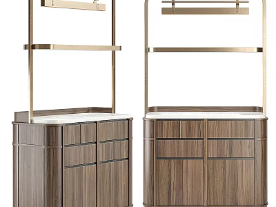 Modern Wooden Cabinet Units With Brass Metal Shelves And White Stone Countertop 3d model
