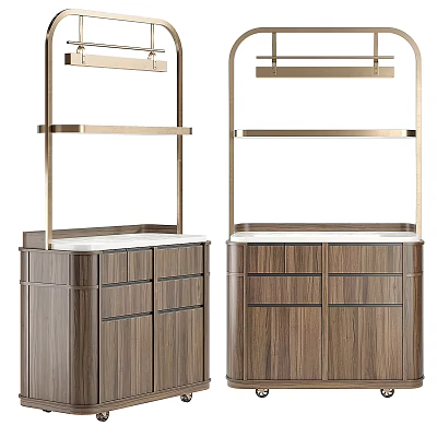 Modern Wooden Cabinet Units With Brass Metal Shelves And White Stone Countertop 3d model