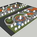 Scenic Park Landscape Featuring Circular Design Orange Pavilions Green Lawns And Trees