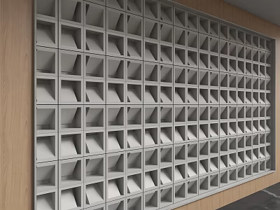 Geometric Gray Grid Background Wall With Wooden Frame And Modular Structure 3d model