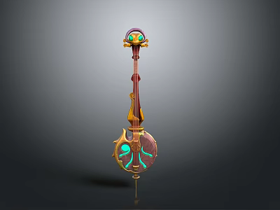 Decorative String Instrument With Red Gold Body Green Glowing Patterns And Ornate Resonator 3d model