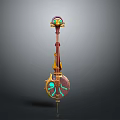 Decorative String Instrument With Red Gold Body Green Glowing Patterns And Ornate Resonator