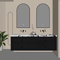 Modern Bathroom Vanity with Black Cabinet Marble Countertop Double Sinks Arched Mirrors and Green Plant