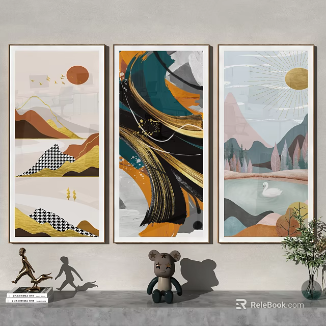 Modern Three Panel Decorative Wall Art with Abstract Natural Elements and Bear Figurine 3d model
