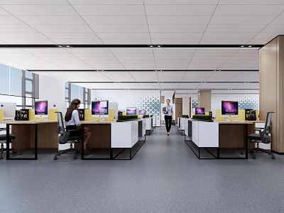Modern Public Office Space With Open Layout Workstations Computers Large Windows And Ceiling Lights 3d model