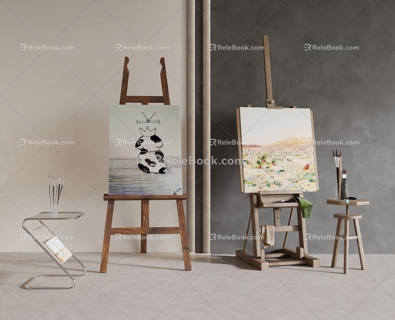 Modern Easel Brush Paint Oil Painting 3d model