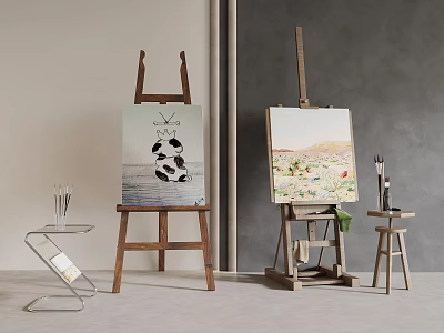 Art Supplies Setup With Wooden Easels Paintings Brushes And Studio Table 3d model