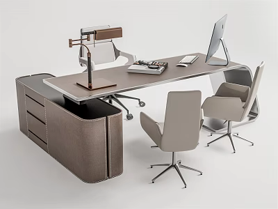 Modern Office Desk With Computer Monitor Desk Lamp Keyboard Documents Chairs And Drawer Cabinet 3d model