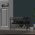 Multi Tier Shoe Rack With Various Shoes White Cabinet Light Blue Wall And Green Plant