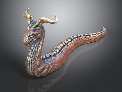 Mythical Dragon Sculpture With Curved Horns And Scaly Winding Serpentine Body 3d model