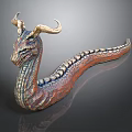 Mythical Dragon Sculpture With Curved Horns And Scaly Winding Serpentine Body