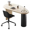 Modern Wooden Oval Desk with Glass Cup Pen Holder Notebook and Black Chair