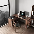Modern Wooden Desk In Home Office With Computer Bookshelf Floor Lamp And Trees Outside Window