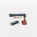 Detailed View of Black Handgun with Wooden Grip and Detachable Magazine