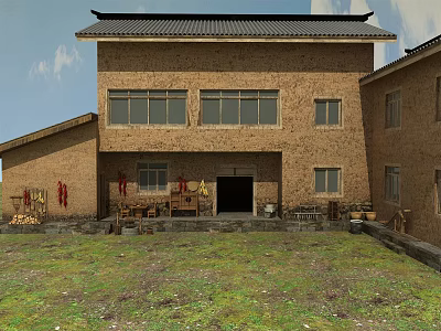Traditional Chinese Village House With Black Roof Two Story Brick Courtyard And Dried Chili 3d model