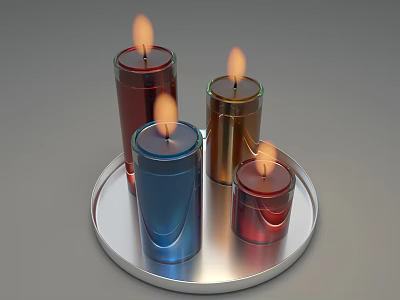 Decorative Ornament Set Featuring Colorful Burning Candles On Silver Tray 3d model