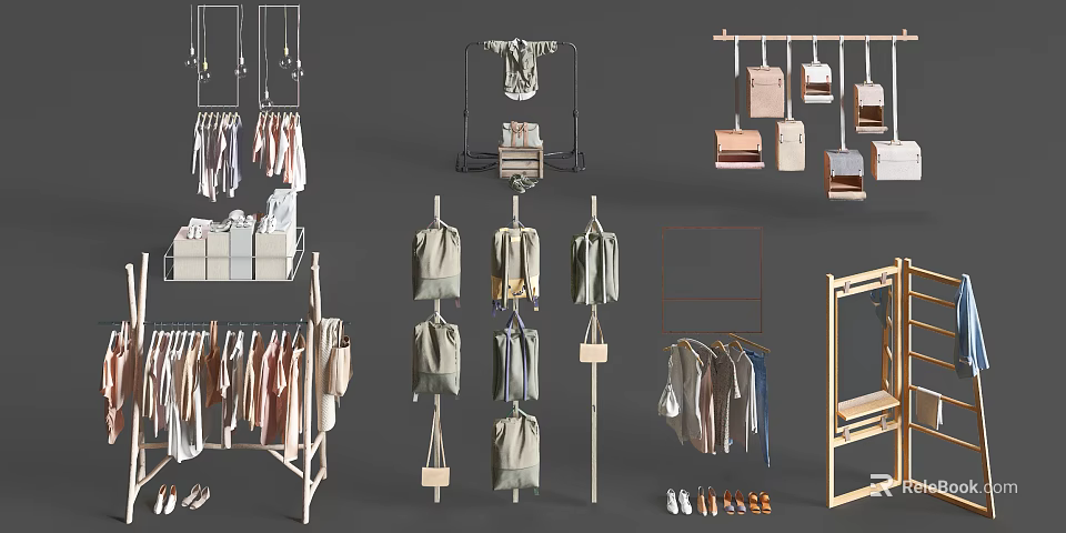 Retail Display Racks And Shelves With Hanging Clothes Bags And Shoes For Store 3d model 
