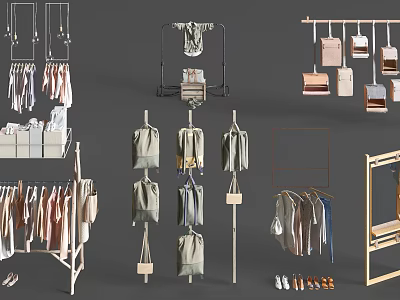Retail Display Racks And Shelves With Hanging Clothes Bags And Shoes For Store 3d model