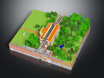 Modern Courtyard Scene With Green Grass Trees Path And Orange Roof Building 3d model