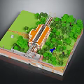 Modern Courtyard Scene With Green Grass Trees Path And Orange Roof Building