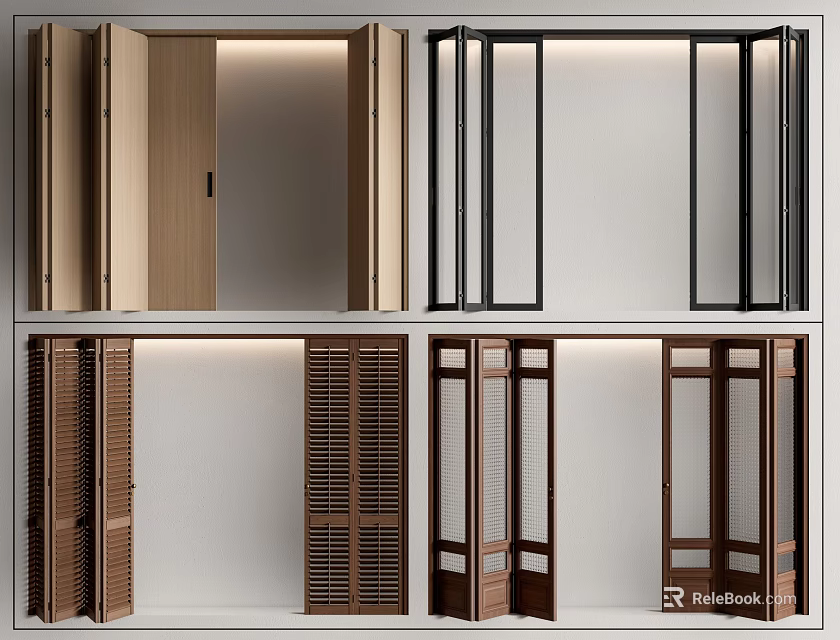 Various Folding Door Styles For Modern Home Interior With Wooden Slatted And Glass Panel Designs 3d model 