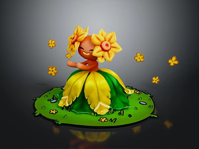 Orange Character In Flower Dress Standing On Green Grass With Small Yellow Flowers 3d model