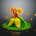 Orange Character In Flower Dress Standing On Green Grass With Small Yellow Flowers