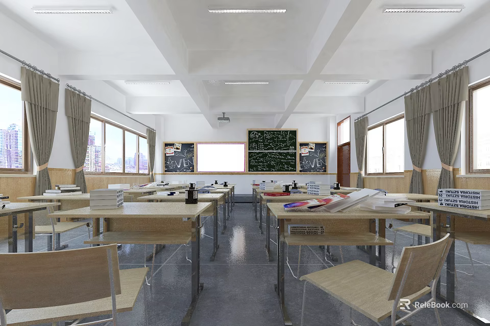 School Classroom Interior With Wooden Desks Chairs Blackboards Windows and Curtains 3d model 
