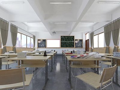 School Classroom Interior With Wooden Desks Chairs Blackboards Windows and Curtains 3d model