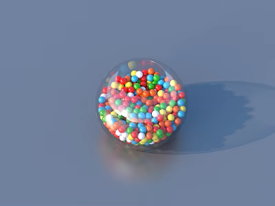 Transparent Glass Ball Filled With Colorful Beads On Gray Background With Reflection 3d model