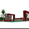 Exhibition Tables And Chairs With Red Frame Structures Palm Trees And Blue Water Area
