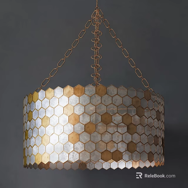 Decorative Hexagonal Mosaic Chandelier With Gold And Silver Tiles Hanging By Chains 3d model 