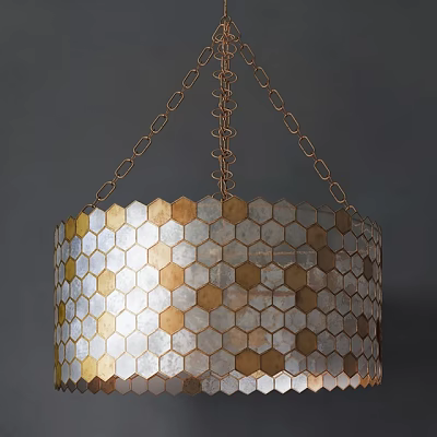 Decorative Hexagonal Mosaic Chandelier With Gold And Silver Tiles Hanging By Chains 3d model