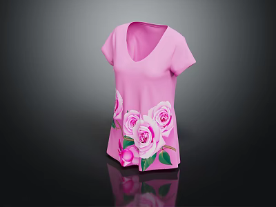 Women's Pink V Neck Short Sleeve Top With Rose Print Floral Design 3d model