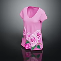 Women's Pink V Neck Short Sleeve Top With Rose Print Floral Design