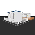 Outdoor White Box Type Buildings With Blue Roofs Enclosed By White And Orange Fences