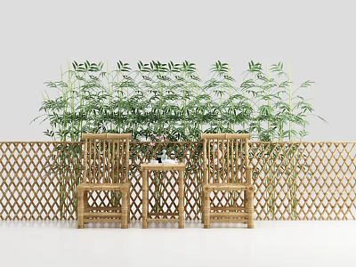 Two Outdoor Chairs with Small Table and Bamboo Plants Behind Lattice Fence 3d model