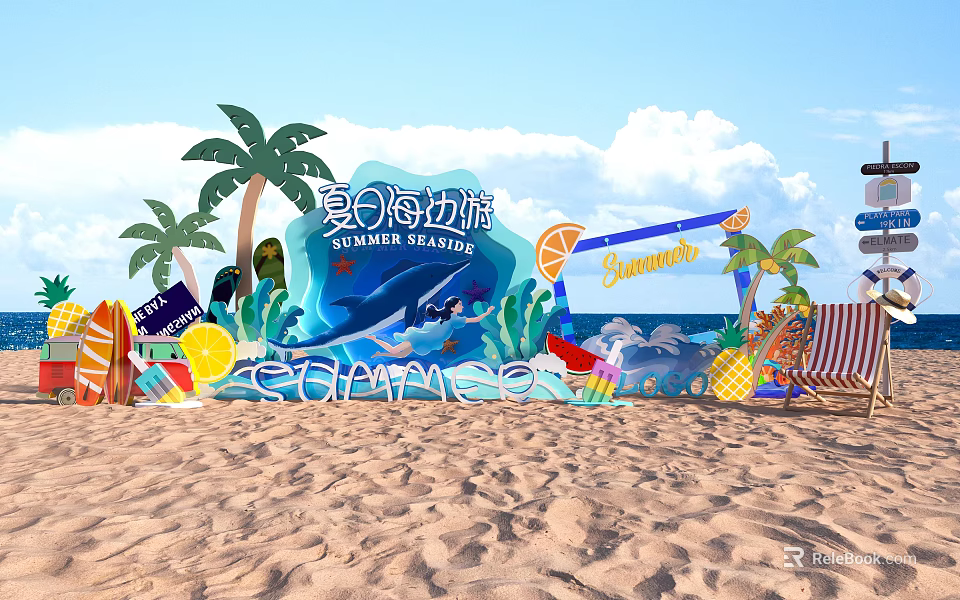 Summer Seaside Check in Photo Spot with Palm Trees Whale Decorations and Sand Beach 3d model 