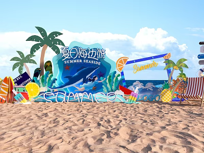 Summer Seaside Check in Photo Spot with Palm Trees Whale Decorations and Sand Beach 3d model