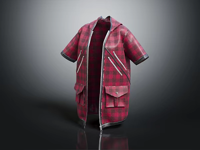 Stylish Red Short Sleeved Coat With Zipper Pockets Plaid Lining And Sleek Silhouette 3d model