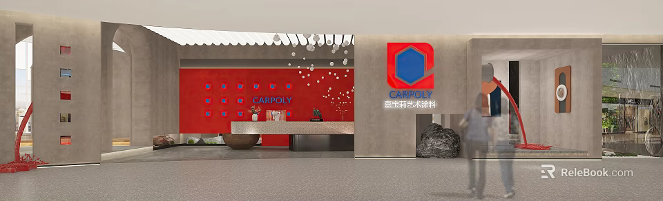 CARPOLY Art Paint Exhibition Space With Red Wall Logo And Reception Area 3d model 