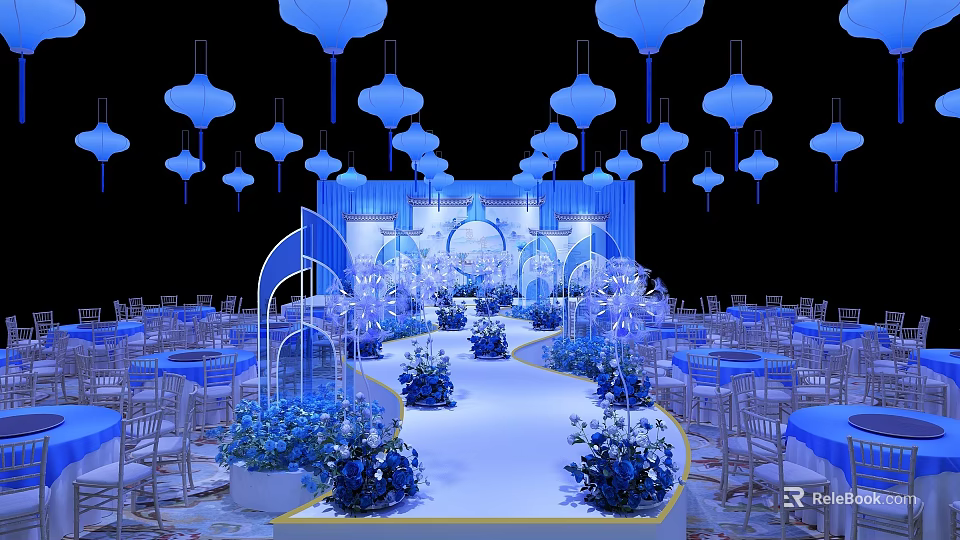 Elegant Banquet Hall With Blue Decorations Hanging Lanterns White Aisle And Flowers 3d model 