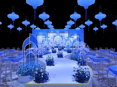 Elegant Banquet Hall With Blue Decorations Hanging Lanterns White Aisle And Flowers 3d model