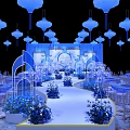 Elegant Banquet Hall With Blue Decorations Hanging Lanterns White Aisle And Flowers