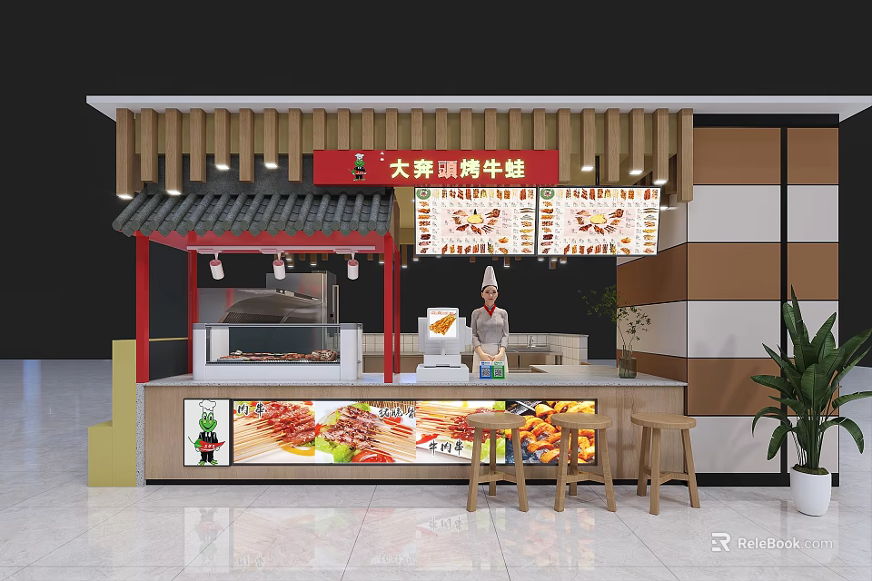 Chinese Style Roast Duck Restaurant Stall With Open Counter Food Display And Bar Stools 3d model 