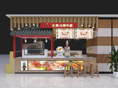 Chinese Style Roast Duck Restaurant Stall With Open Counter Food Display And Bar Stools 3d model