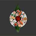 Assorted Sushi Platter With Salmon Shrimp And Green Leaf Decorations On White Plate